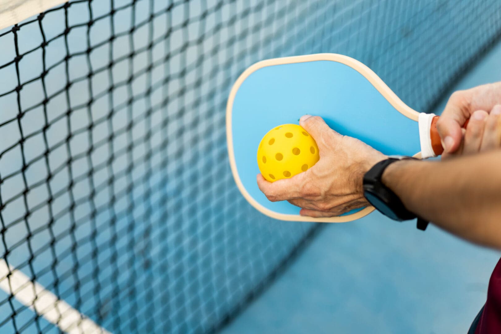 Person holding pickleball paddle and ball.